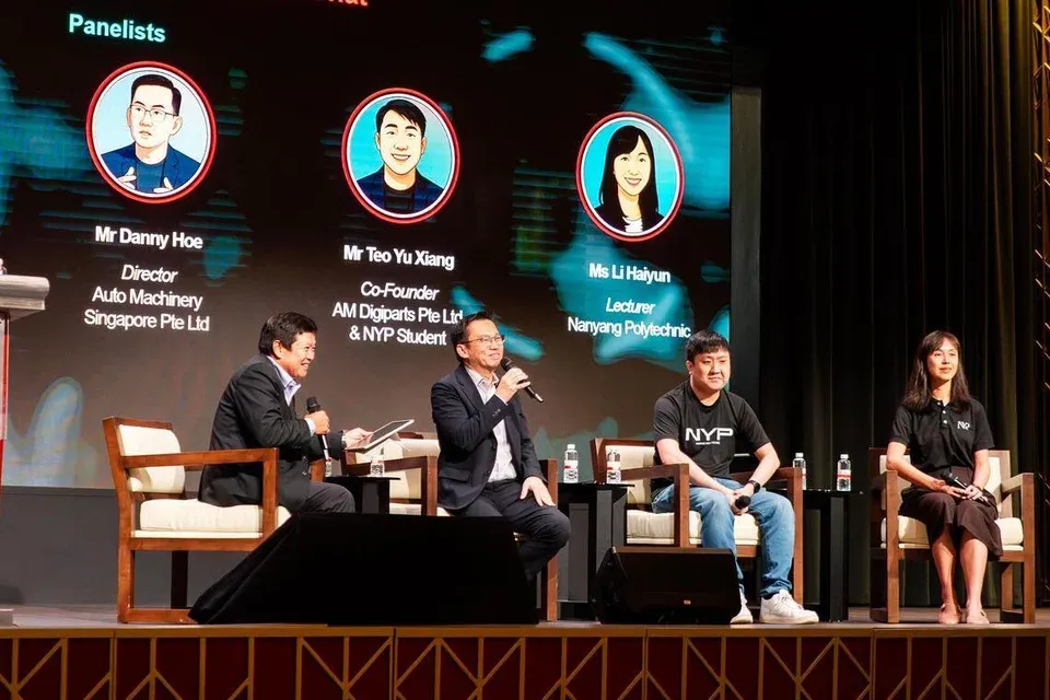 (From left) Vice-chairman of SCCCI's technology committee Lim Chee Kean, Auto Machinery director Danny Hoe, Nanyang Polytechnic student Teo Yu Xiang and Nanyang Polytechnic lecturer Li Haiyun during a fireside chat at a tech symposium organised by SCCCI on Jan 21.